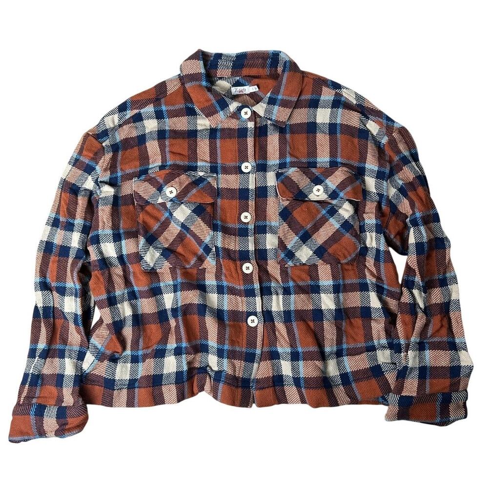 Faherty Button-Up Shirt Womens XL Orange Plaid Cropped Flannel Pockets Collared